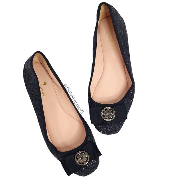 Kate Spade Womens Black Glitter Ballet Flat With Ribbon & Gold Toned Medallion - Picture 1 of 7